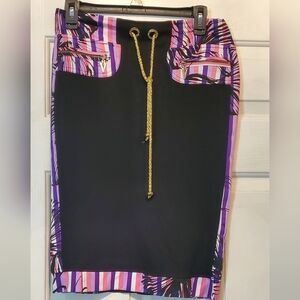 Velvet Collection Black Pencil Skirt Gold Chain Detail